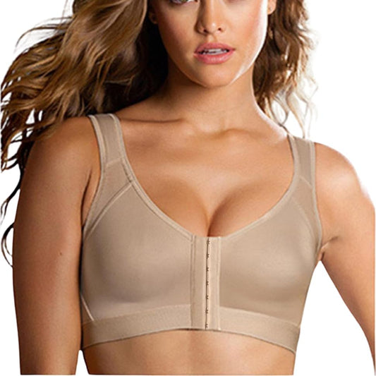 MISHAREN Women's Front Closure Sports Bra, Wireless Back Support, Seamless Posture Corrector, White Black Beige-0